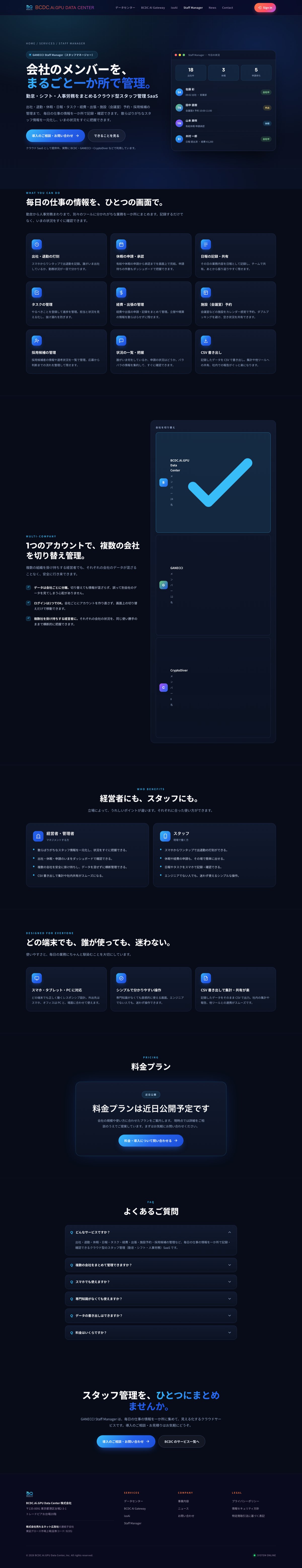 スタッフマネージャー 実画面 — 出退勤・日報・タスク・申請承認を1画面に集約した会社運営ツール